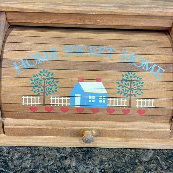 Vintage Rolltop Wooden Breadbox With Home Sweet Home - Picture 2 of 8